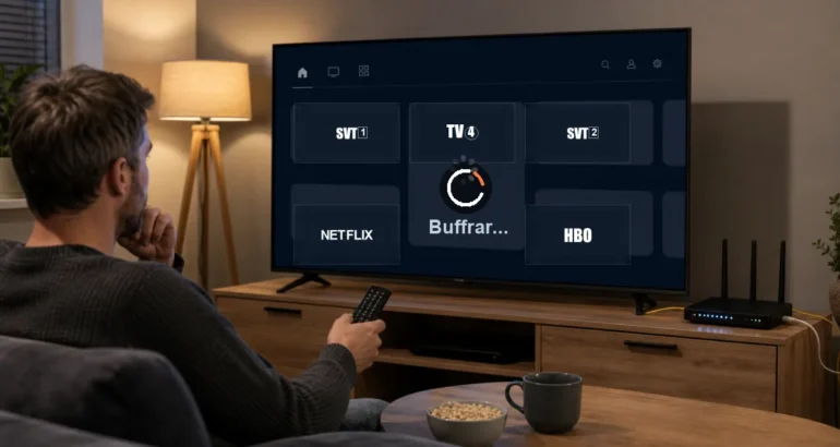IPTV buffrar på TV med kanal-logotyper router och felsökning